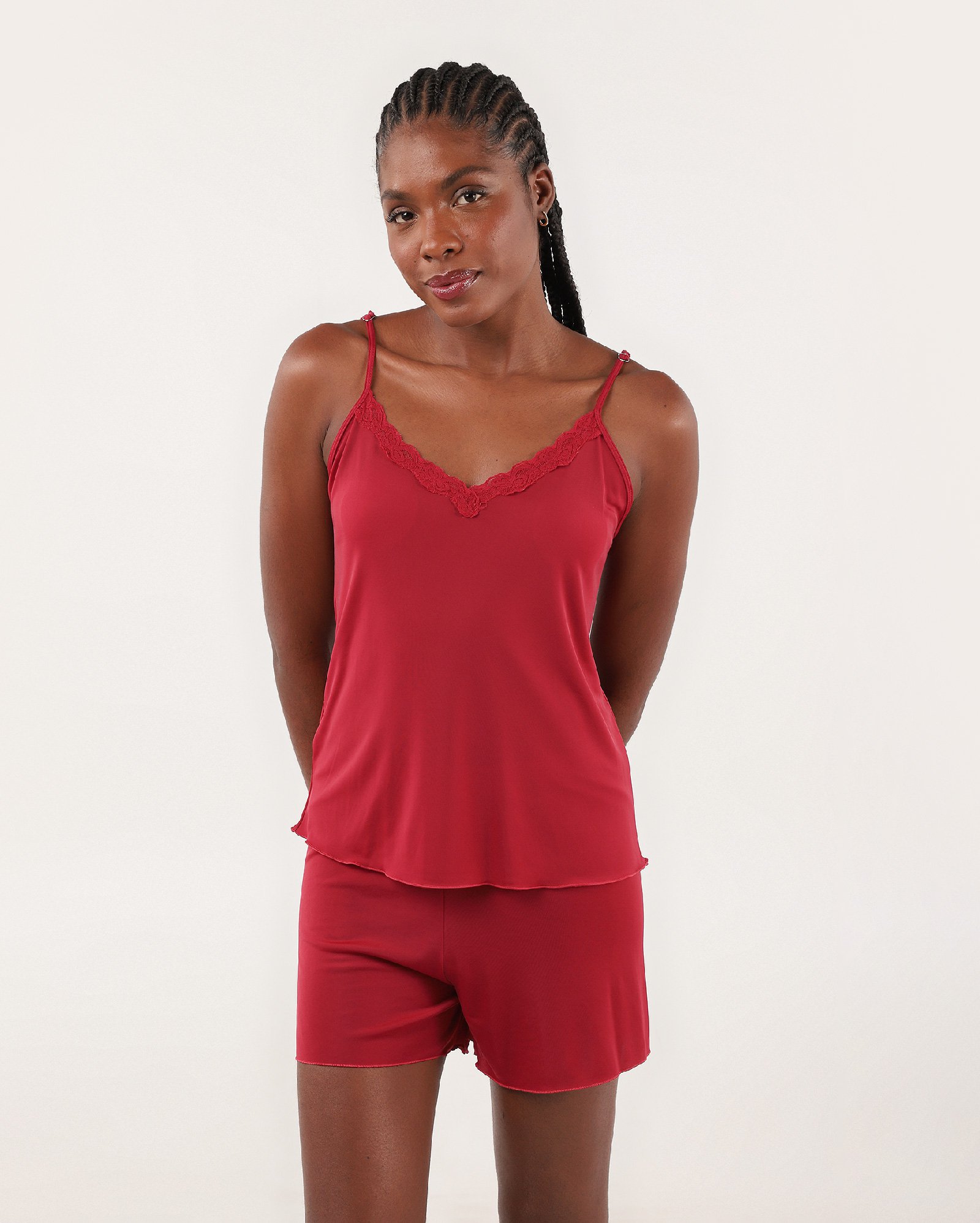 Short doll de poliamida com detalhe rendado - Vermelho | Riachuelo