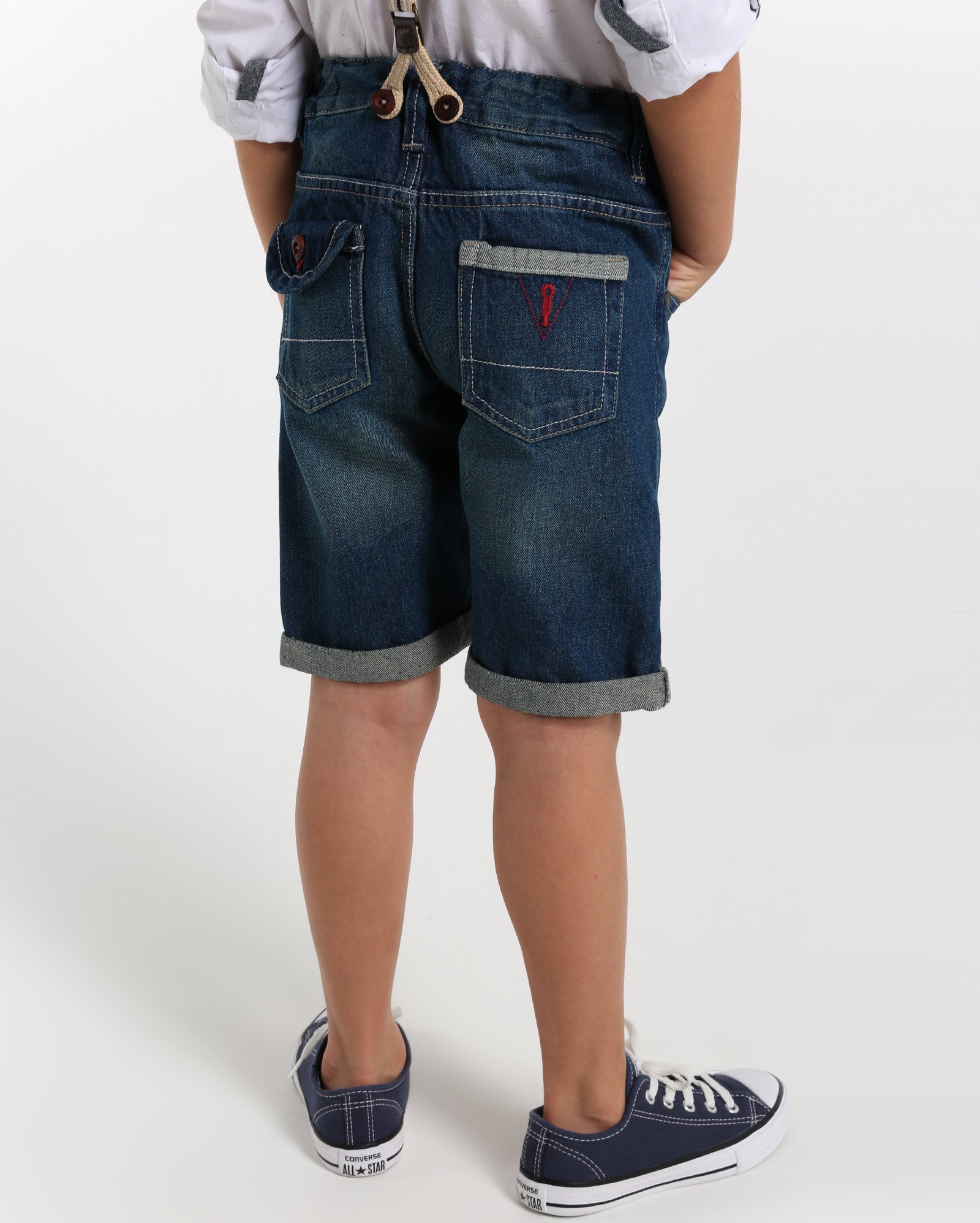 bermuda jeans com suspensório