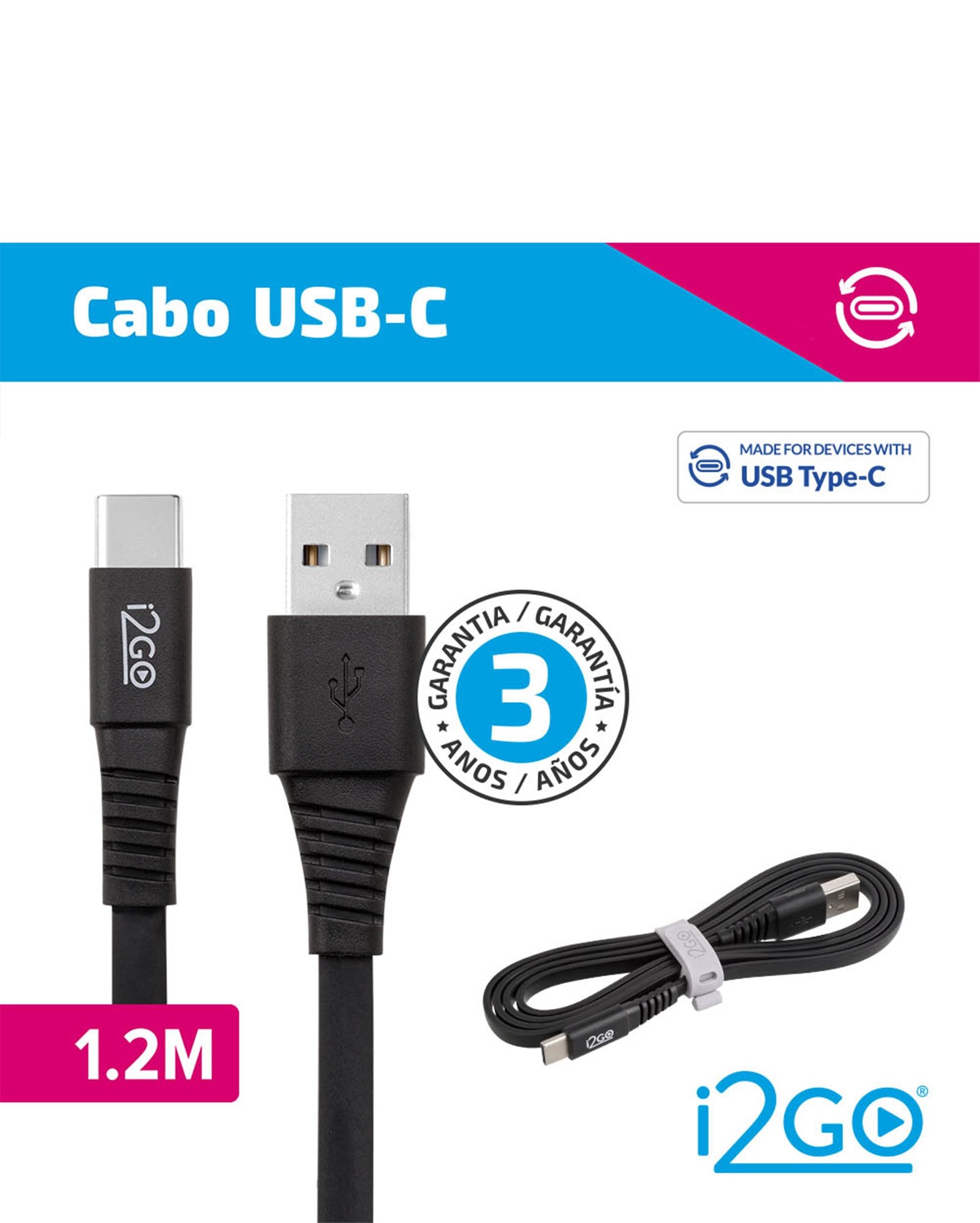 Cabo de dados USB-C para A emborrachado preto | I2Go