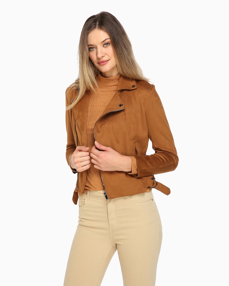 Riachuelo Jaqueta Feminina Suede Zíper Botões Caramelo AK by