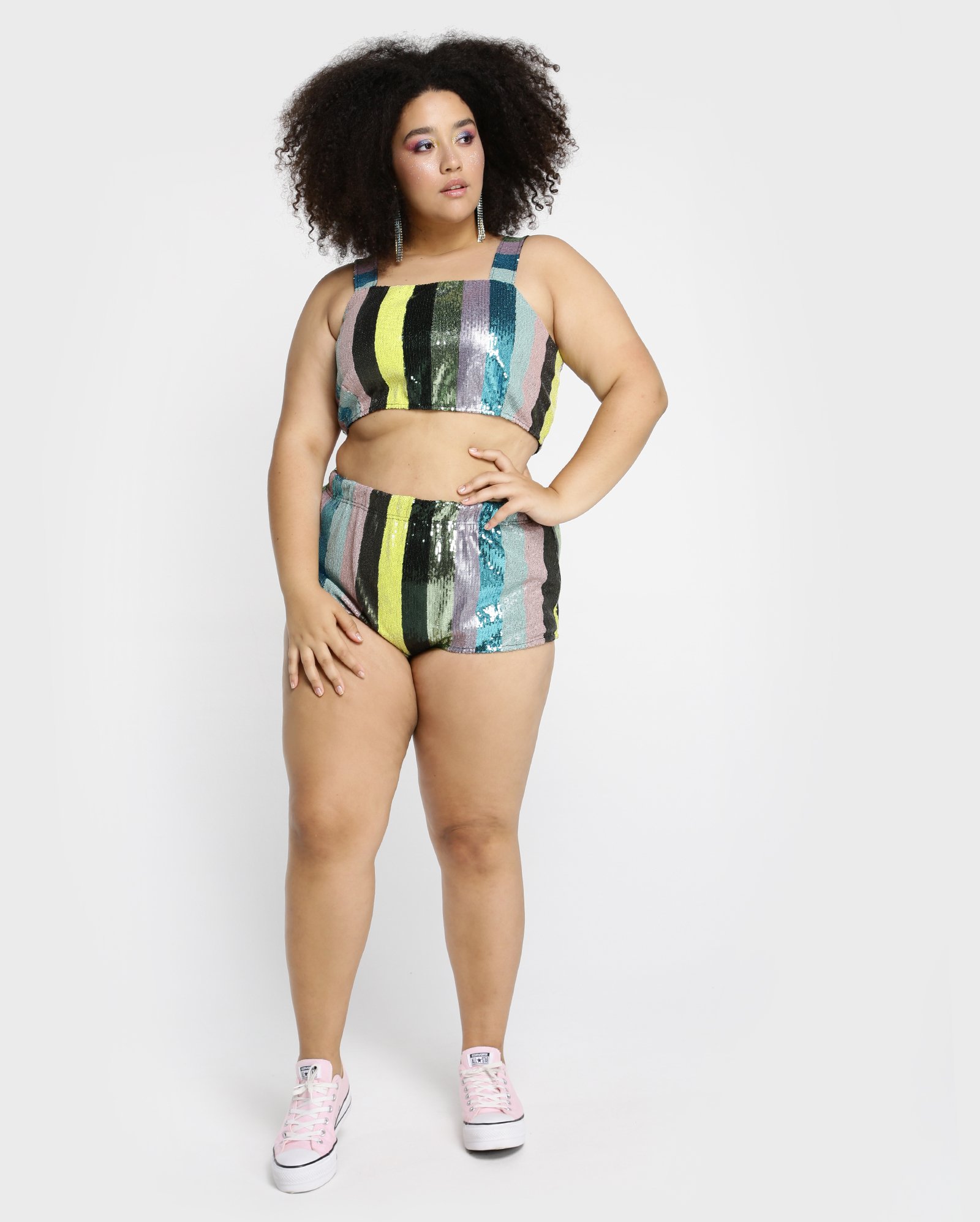 Riachuelo Hot Pants Plus Size Listras Paetê Multicor