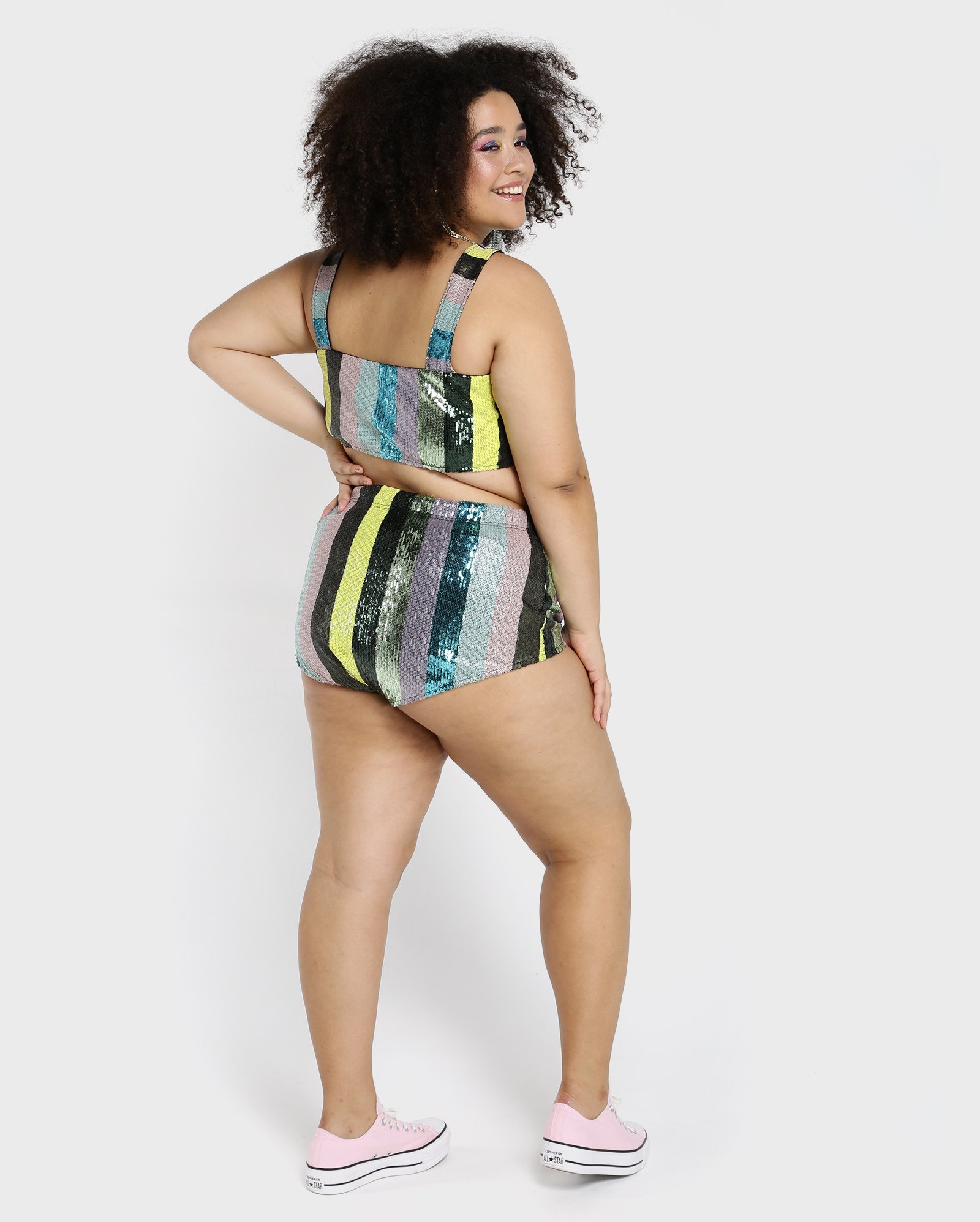 Riachuelo Hot Pants Plus Size Listras Paetê Multicor