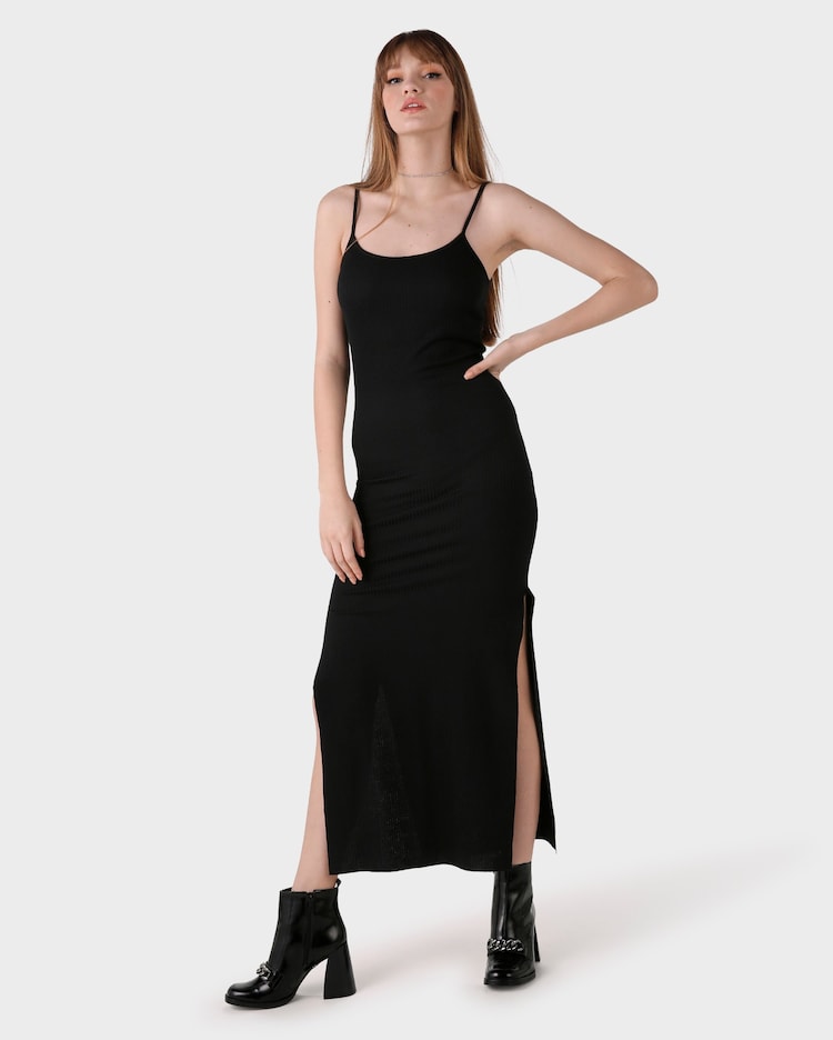Riachuelo Vestido Longo Feminino Alça Fina Malha Canelada Preto