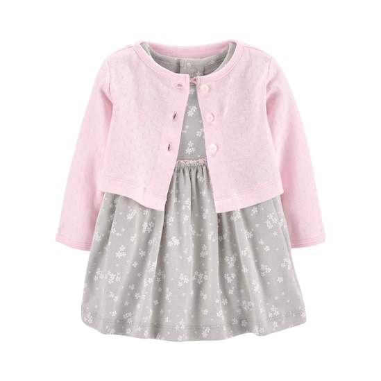 Kit Vestido Floral + Cardigan  Carter's - Rosa Claro/Cinza