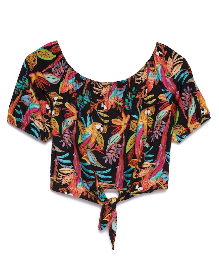 Riachuelo Blusa Cropped Feminina Ciganinha Neon Tropical Preto