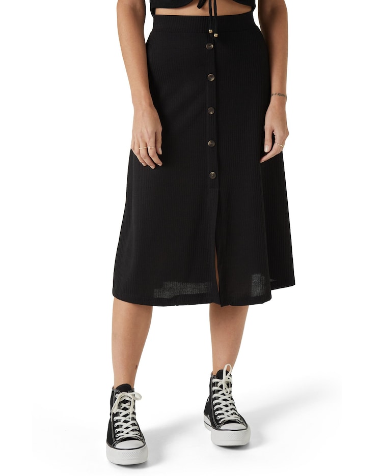 Riachuelo Saia Midi Feminina Canelada Botões Preto Pool by Riachuelo