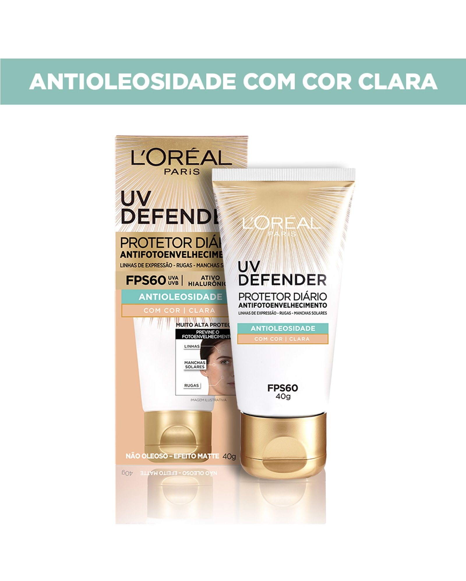 Protetor Solar Facial L'Oréal Paris UV Defender Antioleosidade Cor Clara FPS 60 40g