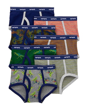 Kit Cueca Infantil 7 Peças Dinos e Listras Carter's - Cinza/Verde/Laranja