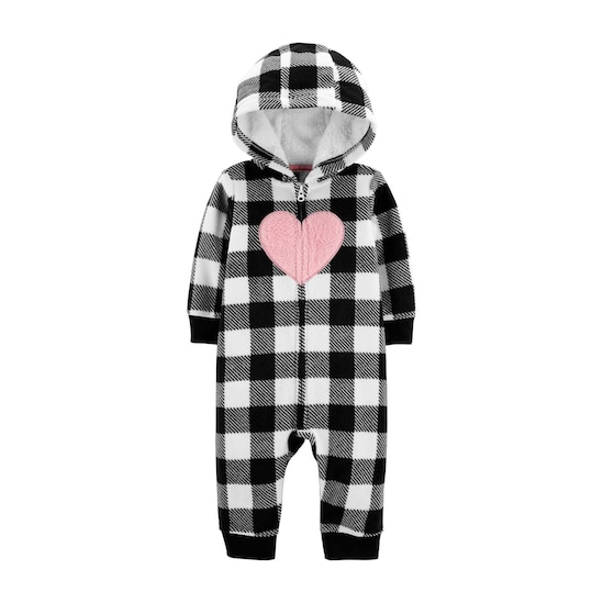 Macacão Bebê Fleece Xadrez Capuz Carter's - Branco/Preto
