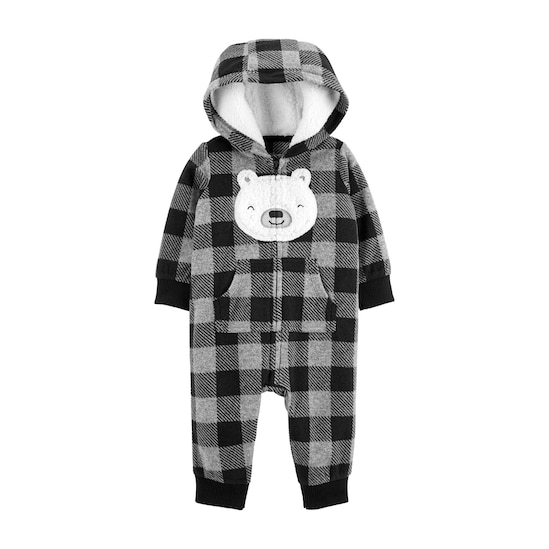 Macacão Bebê Fleece Xadrez Ursinho Capuz Carter's - Cinza/Preto