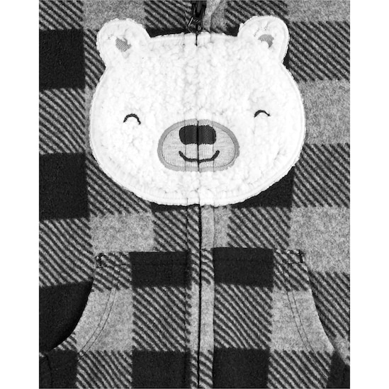 Macacão Bebê Fleece Xadrez Ursinho Capuz Carter's - Cinza/Preto