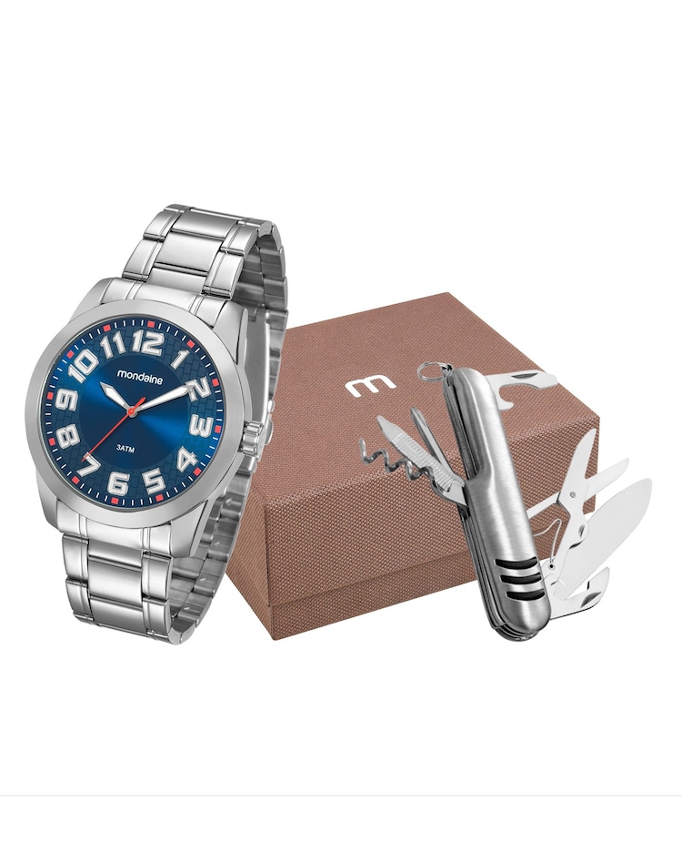 Riachuelo Kit Relógio Masculino Mondaine Canivete Prateado