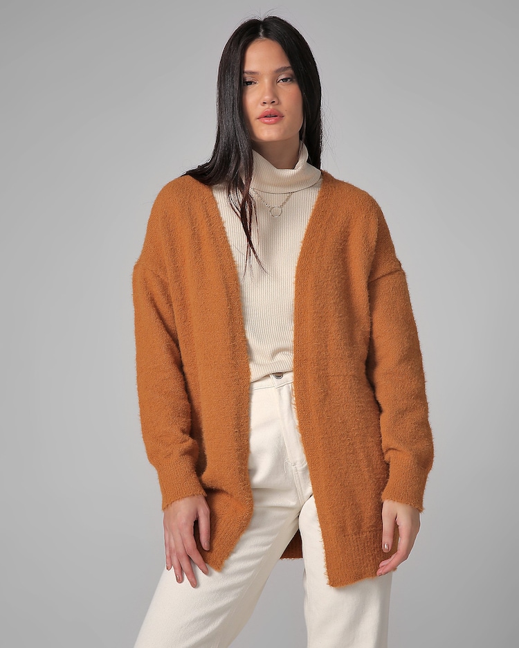 Riachuelo Cardigan Feminino Alongado Tricot com Pelinhos Marrom