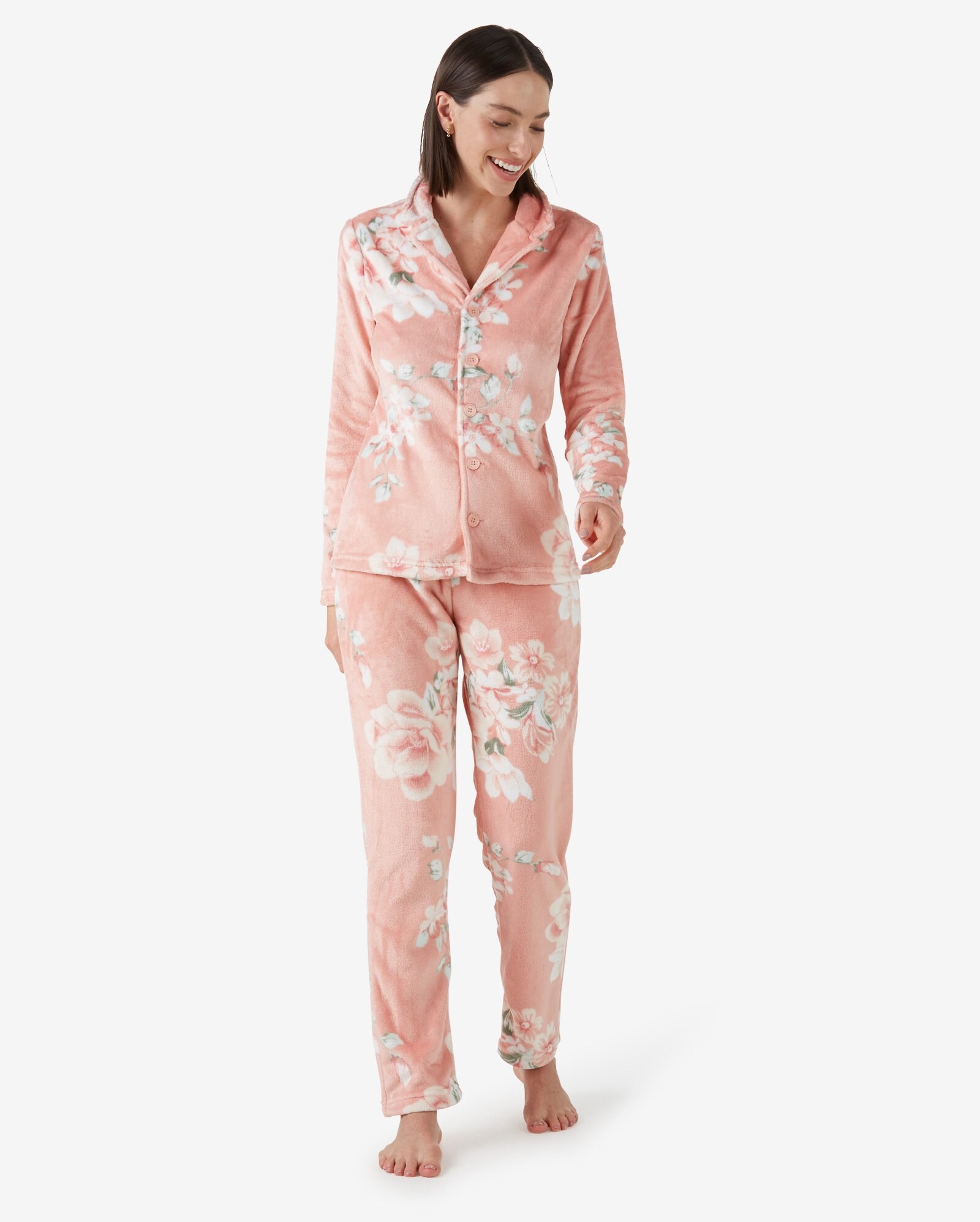 Riachuelo | Pijama Longo Feminino Fleece Floral Lilly Rosa Salmão