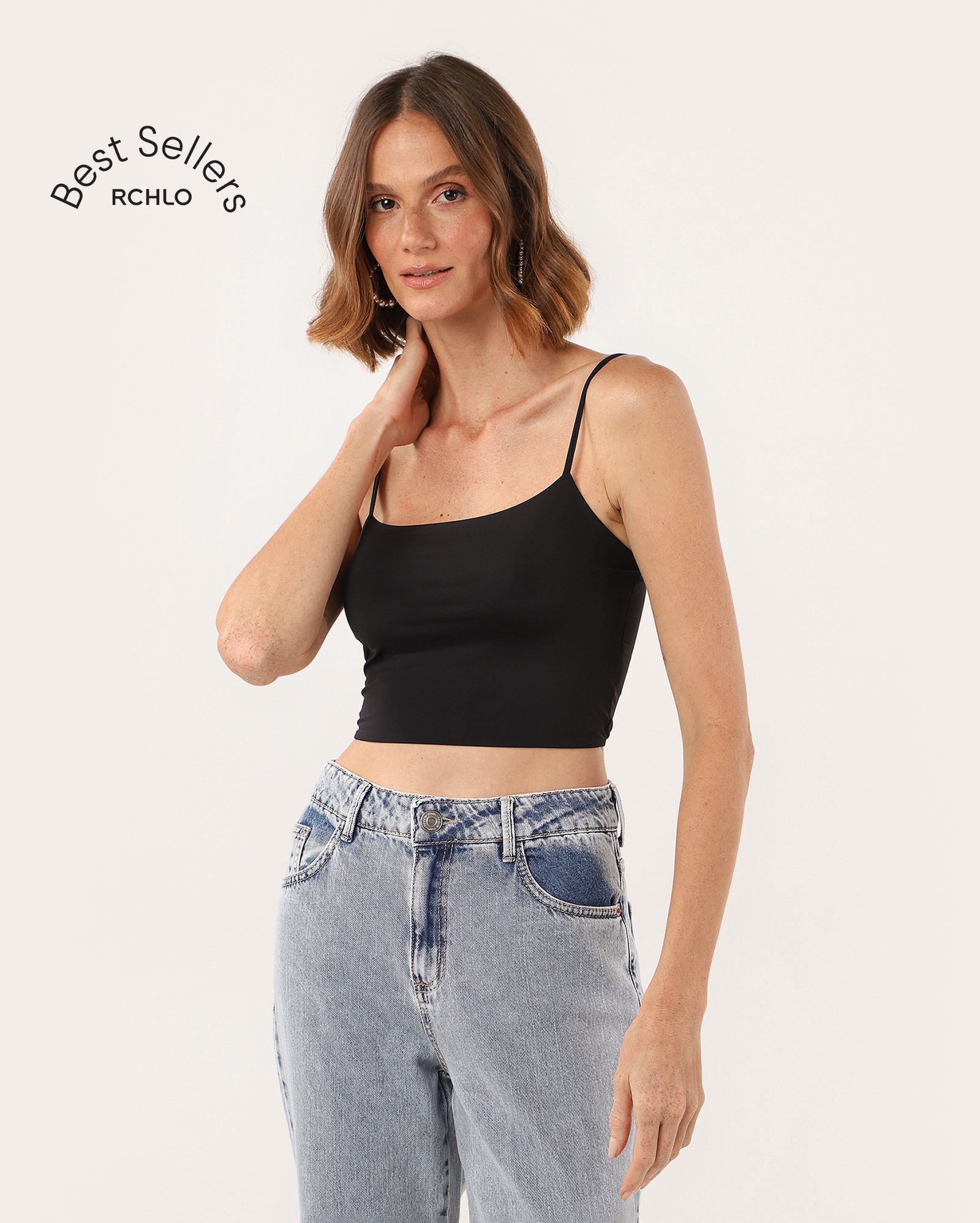Regata cropped Maya em poliamida toque frio - Preto