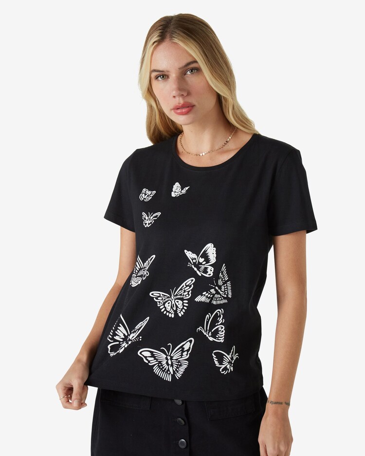 Riachuelo Camiseta Feminina Manga Curta Borboletas Preto Pool by