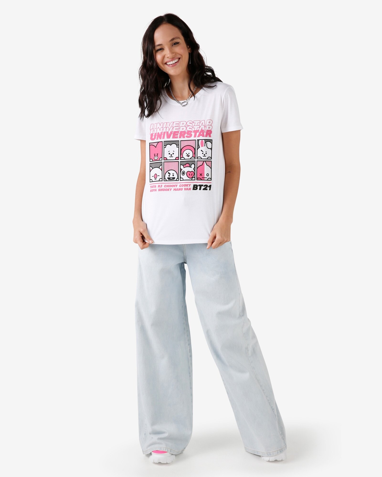 Riachuelo | Camiseta Manga Curta Universtar BT21 Malha Branco/Rosa