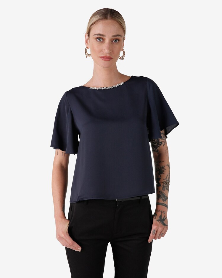 Riachuelo Blusa Feminina Manga Curta Strass Azul Marinho AK by