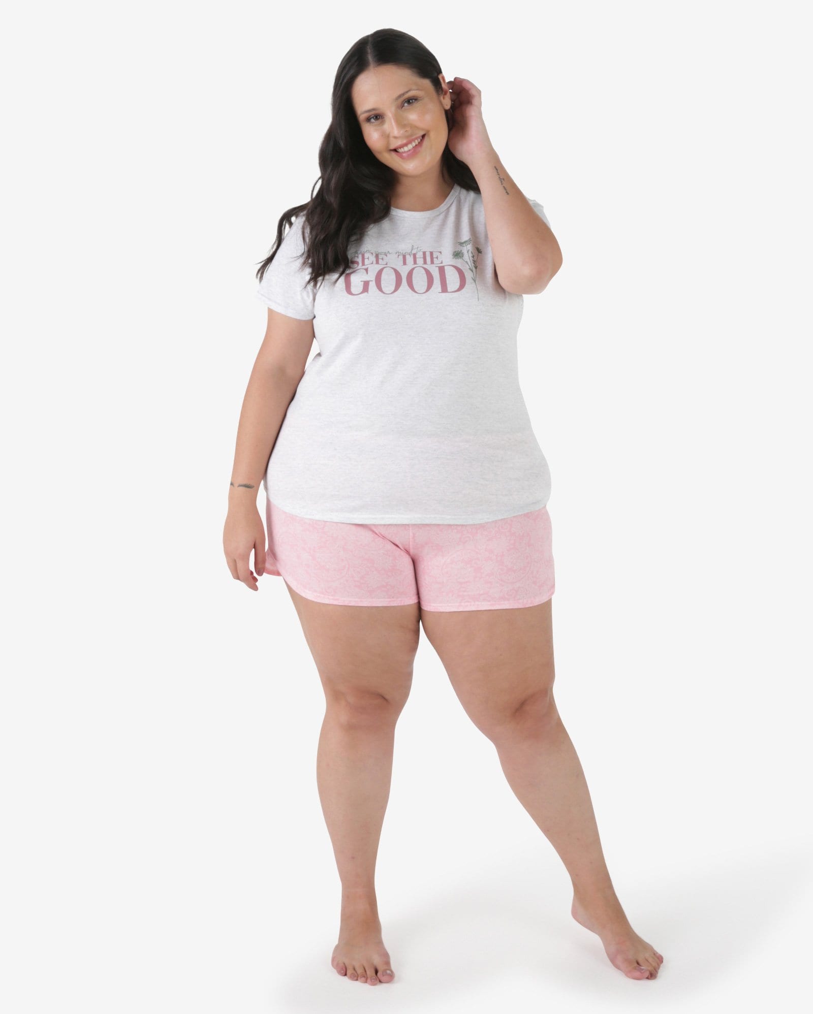 Riachuelo | Pijama Short Doll Plus Size See The Good Lilly Cinza Mescla  Riachuelo