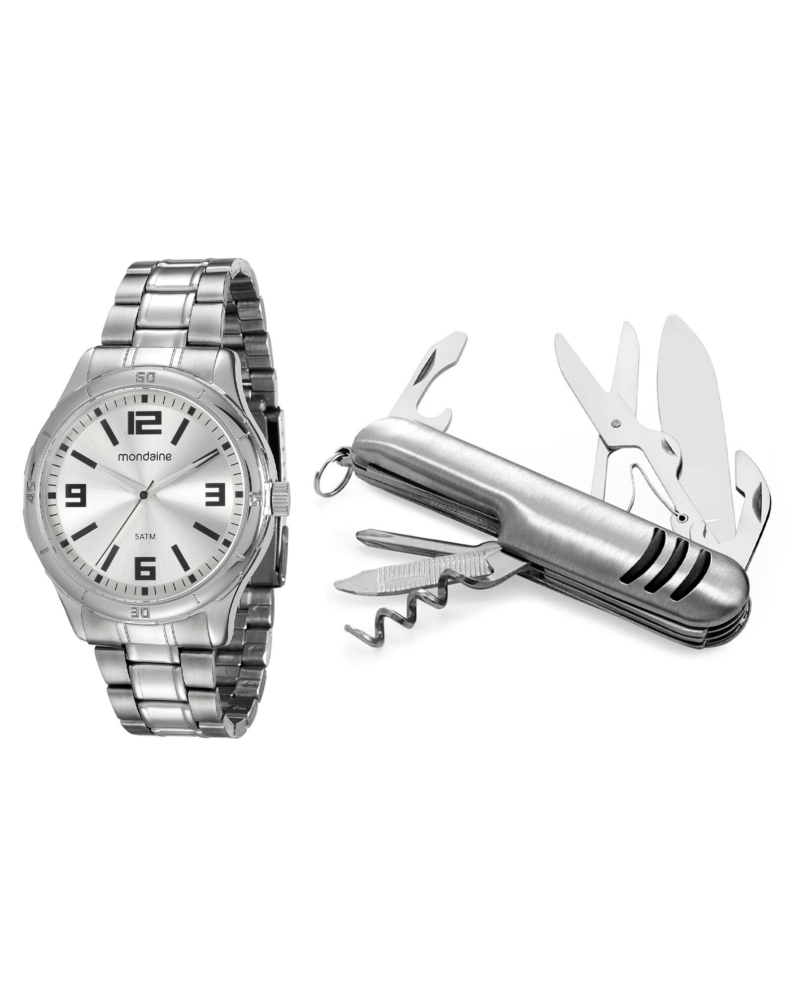 Kit Relógio Mondaine Prateado + Canivete - Riachuelo