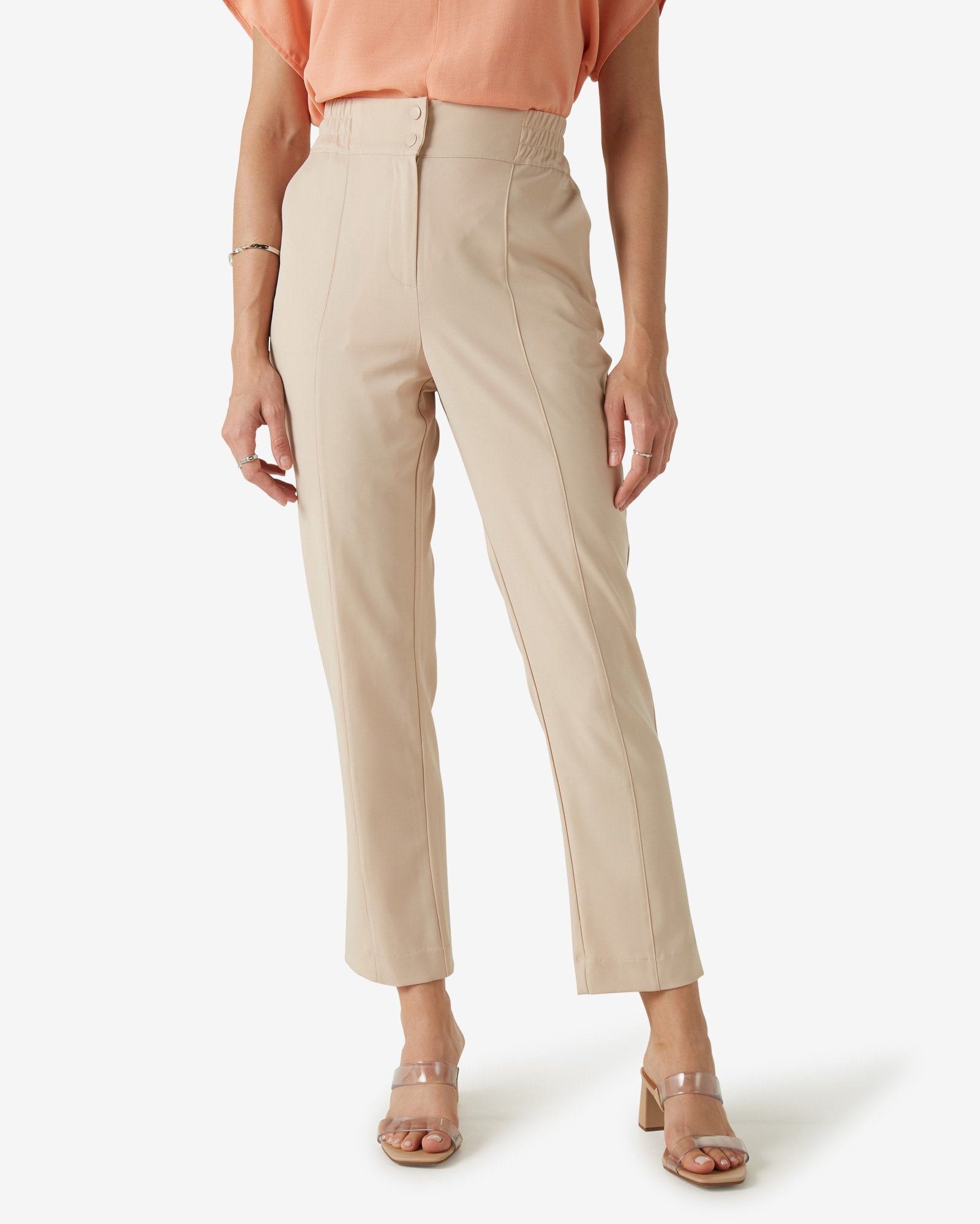 Calça alfaiataria reta, cós elástico