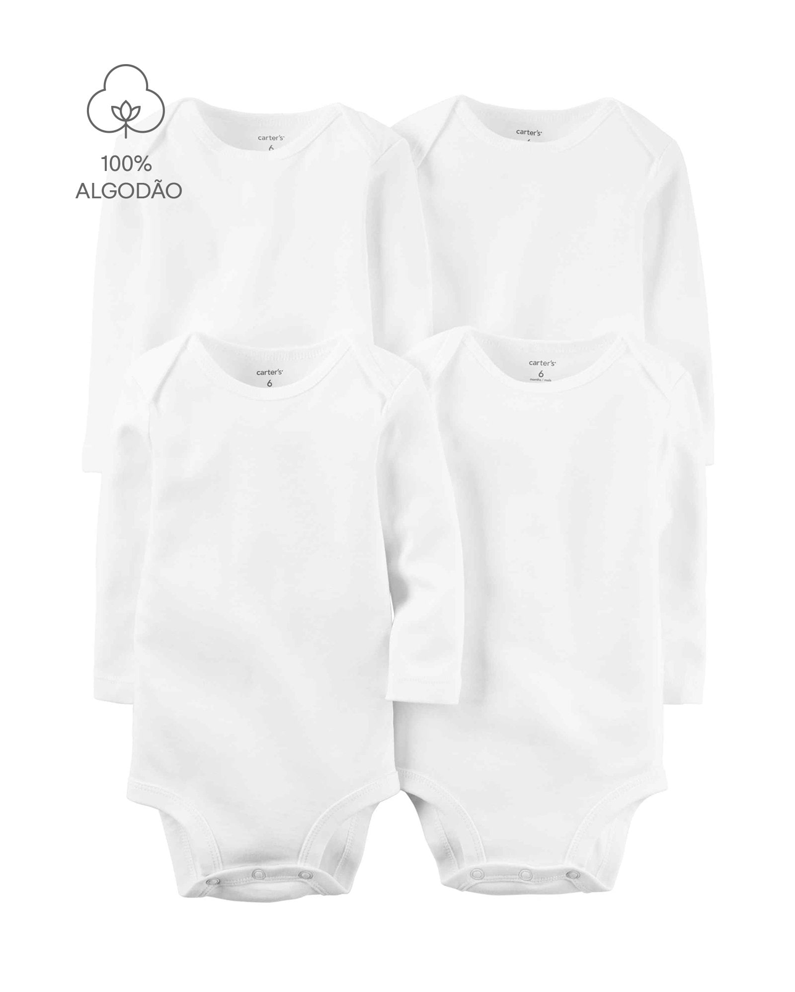 Kit Body Bebê 4 Peças Manga Longa Lisos - Branco | Carter's