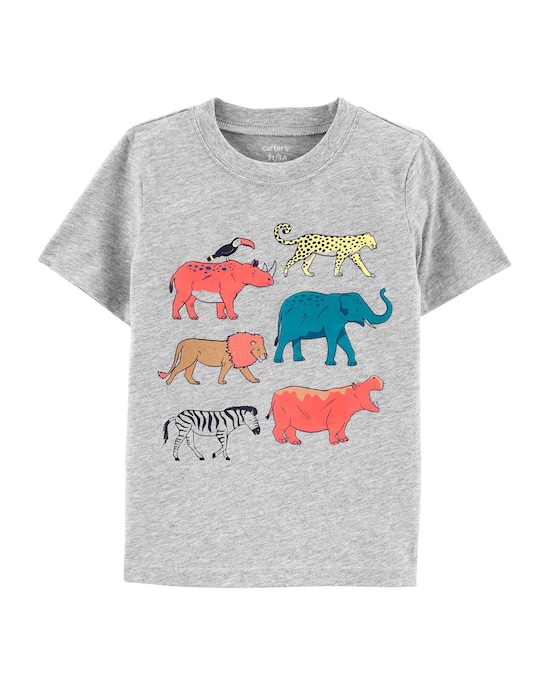 Camiseta Infantil Manga Curta Carter's Bichinhos Cinza Mescla Tam 2 a 5