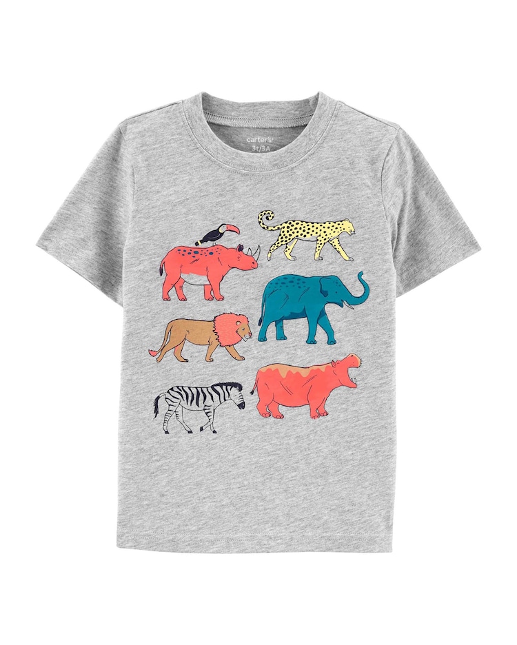 Camiseta Infantil Manga Curta Carter's Bichinhos Cinza Mescla Tam 2 a 5