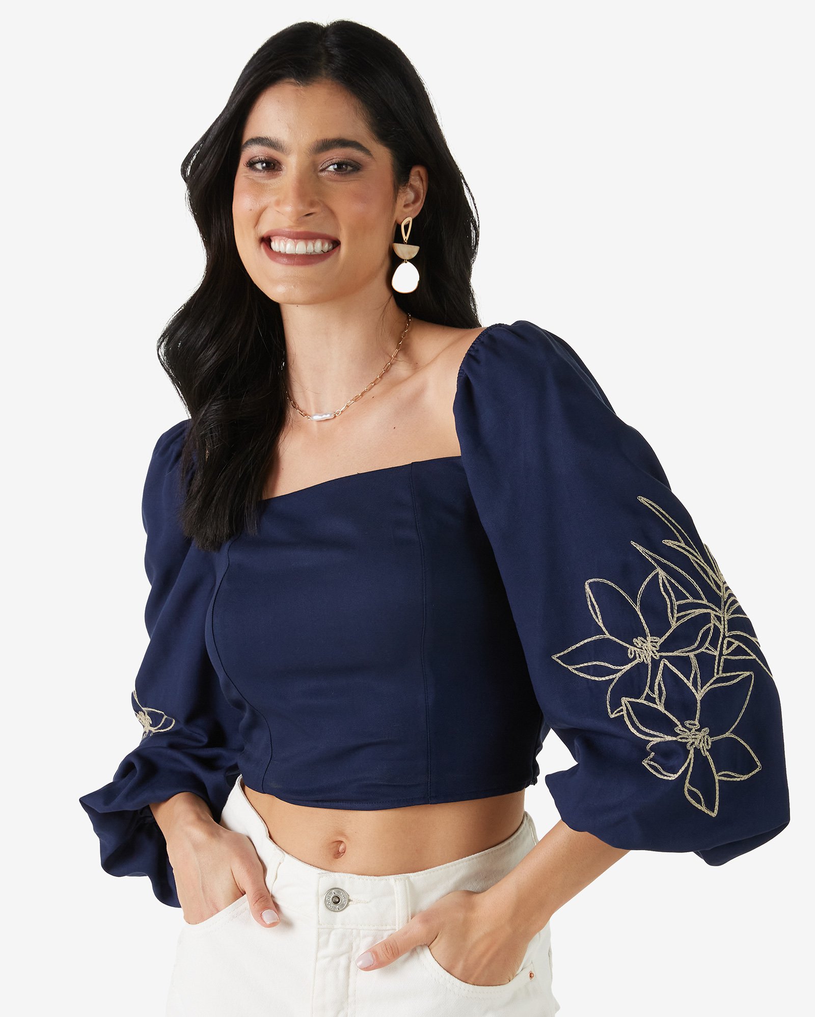 cropped manga bufante azul