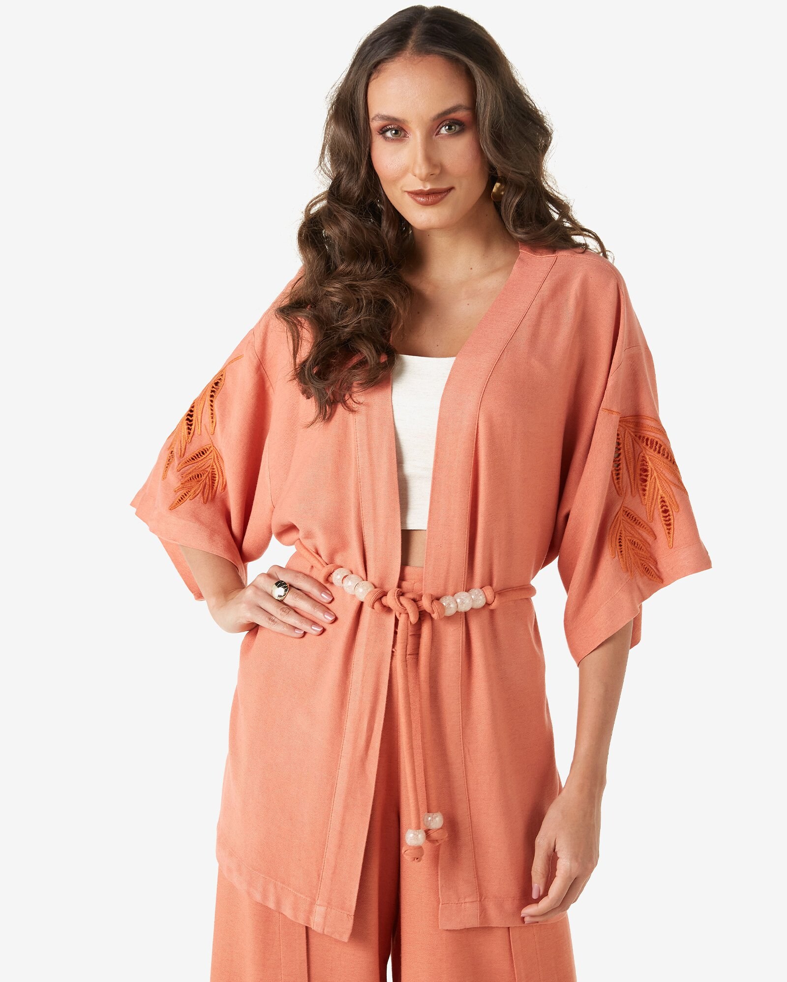 Riachuelo | Kimono Feminino Amplo Manga 3/4 Linho Laranja Queimado FASHION  LAB Riachuelo