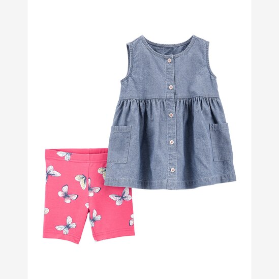 Conjunto Infantil Carter's 2 Peças Borboletas Denim Claro/Rosa Tam 2 a 5