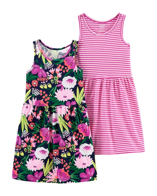 Kit Vestido Curto Bebê Carter's 2 Peças Floral e Listras Rosa Tam 2 a 5