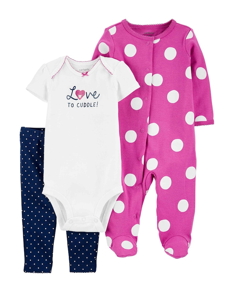 Conjunto Bebê Carter's 3 Peças Poás Love Branco/Azul Marinho/Rosa Tam RN a 9 Meses
