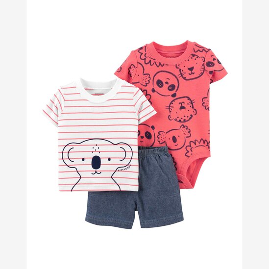 Conjunto Bebê Carter's 3 Peças Listras Animais Vermelho/Branco/Denim Médio Tam 1 a 24 Meses