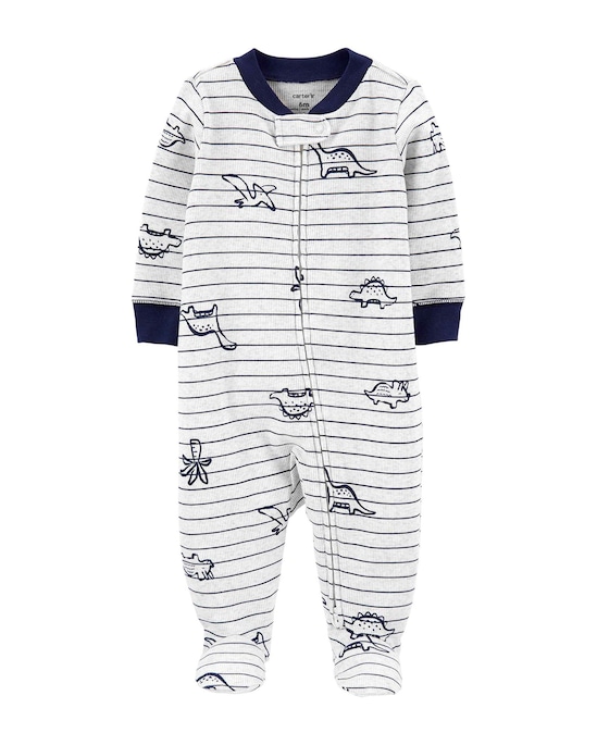 Macacão Pijama Bebê Carter's Listras Dinossauro Cinza Mescla Claro/Azul Marinho Tam RN a 9 Meses