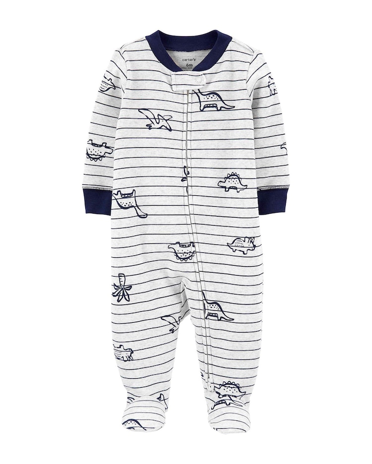 Macacão Pijama Bebê Carter's Listras Dinossauro Cinza Mescla Claro/Azul Marinho Tam RN a 9 Meses