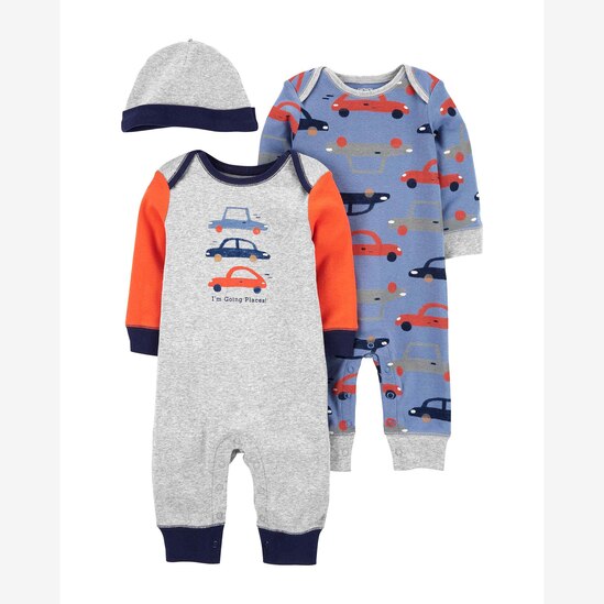 Conjunto Bebê Carter's 3 Peças Veículos Cinza Mescla/Azul Tam RN a 9 Meses