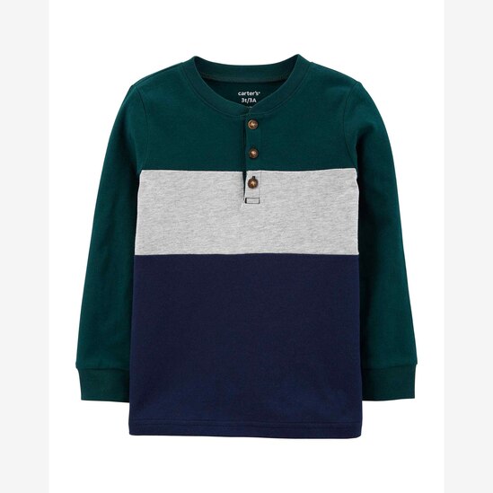 Camiseta Infantil Carter's Manga Longa Botões Verde Jade/Cinza Mescla Claro/Azul Marinho Tam 2 a 5