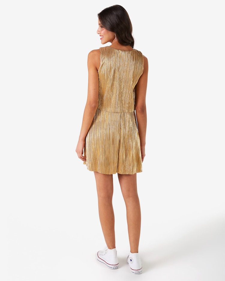 Riachuelo Vestido Juvenil Curto Evasê Plissado Dourado Tam 10 a