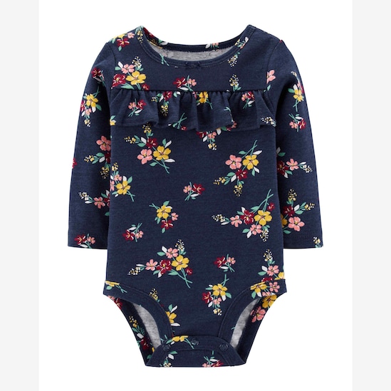 Body Bebê Manga Longa Carter's Floral Babado Azul Escuro Tam 1 a 6 Meses