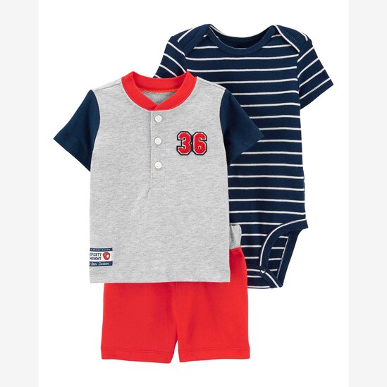 Conjunto Bebê Carter's 3 Peças Listras Cinza Mescla/Vermelho/Azul Marinho Tam 1 a 24 Meses