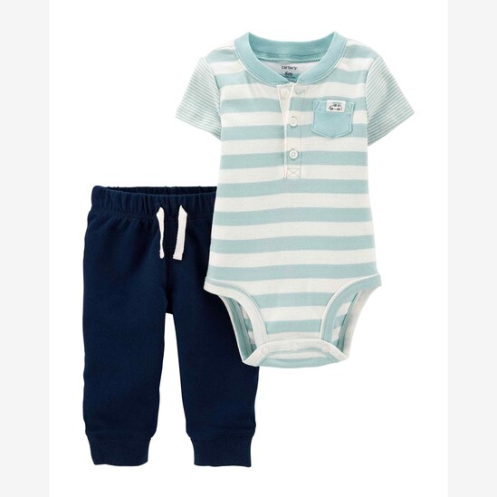 Conjunto Bebê Carter's 2 Peças Listras Branco/Azul Claro/Azul Escuro Tam 1 a 24 Meses