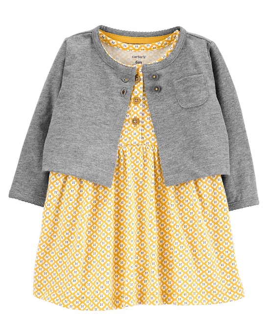 Kit Vestido Bebê Carter's 2 Peças Estampado Amarelo/Cinza Mescla Tam RN a 24 Meses