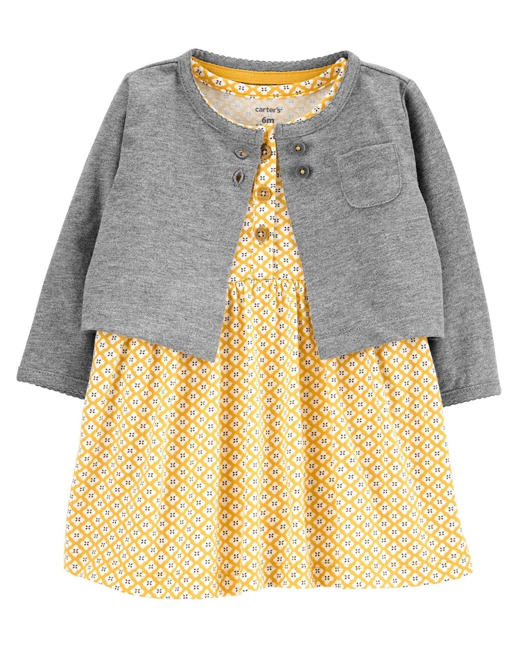 Kit Vestido Bebê Carter's 2 Peças Estampado Amarelo/Cinza Mescla Tam RN a 24 Meses