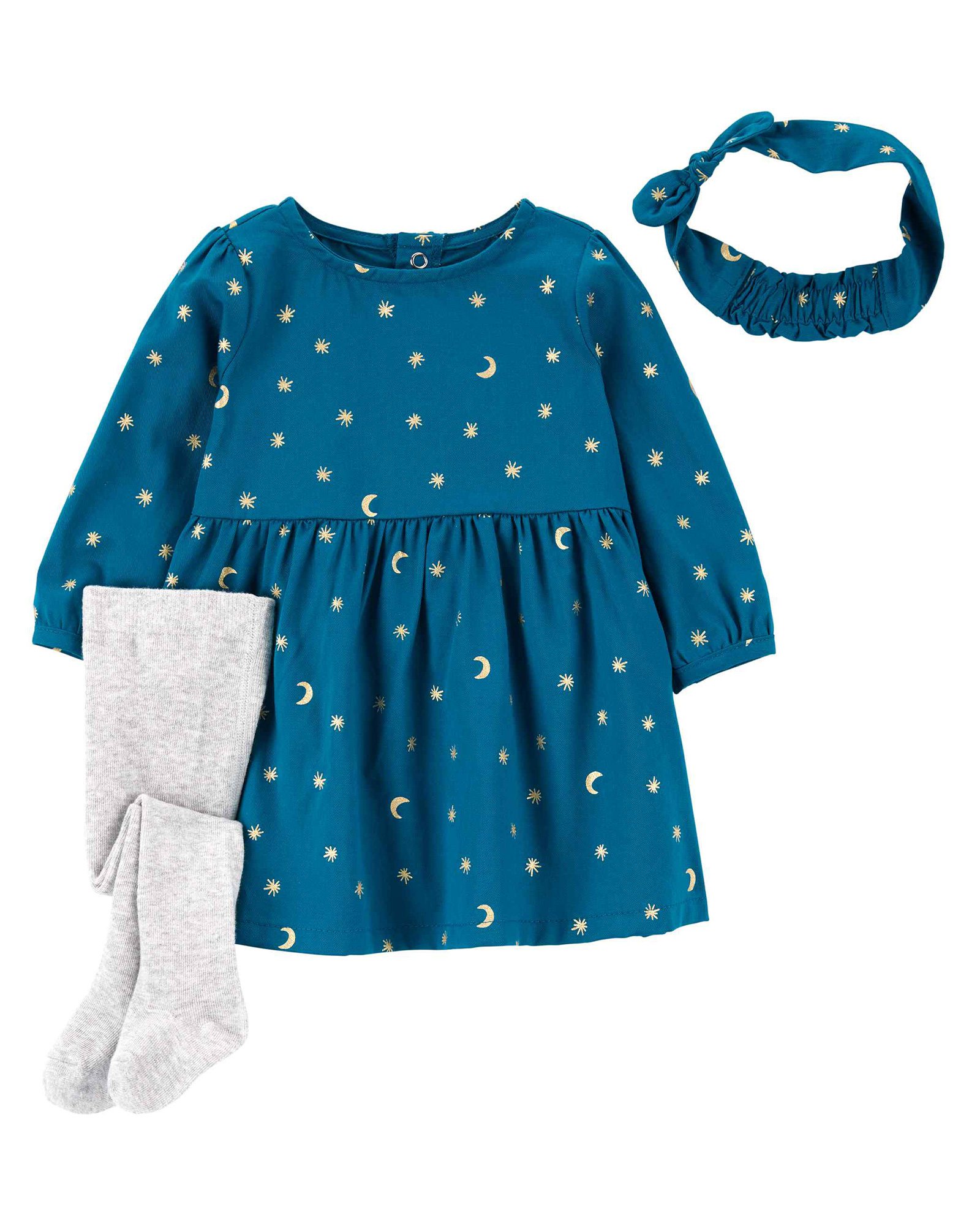 Vestido Bebê Carter's Lua Estrela com Meia e Faixa de Cabelo Azul