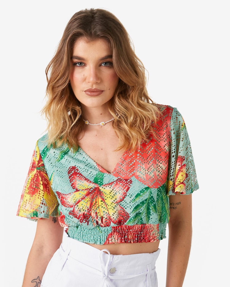 Riachuelo Blusa Cropped Feminina Manga Curta Laise Floral Verde