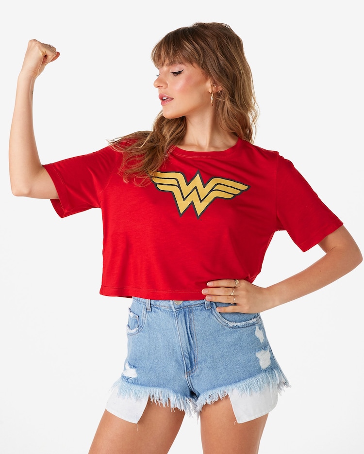 Riachuelo | Camiseta Cropped Feminina Manga Curta Mulher Maravilha Vermelho