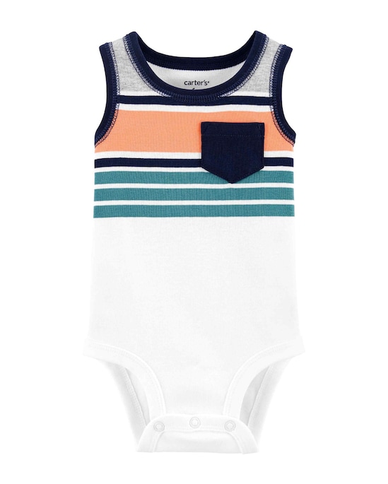 Body Bebê Carter's Regata Listras Bolso Multicor Tam RN a 24 Meses