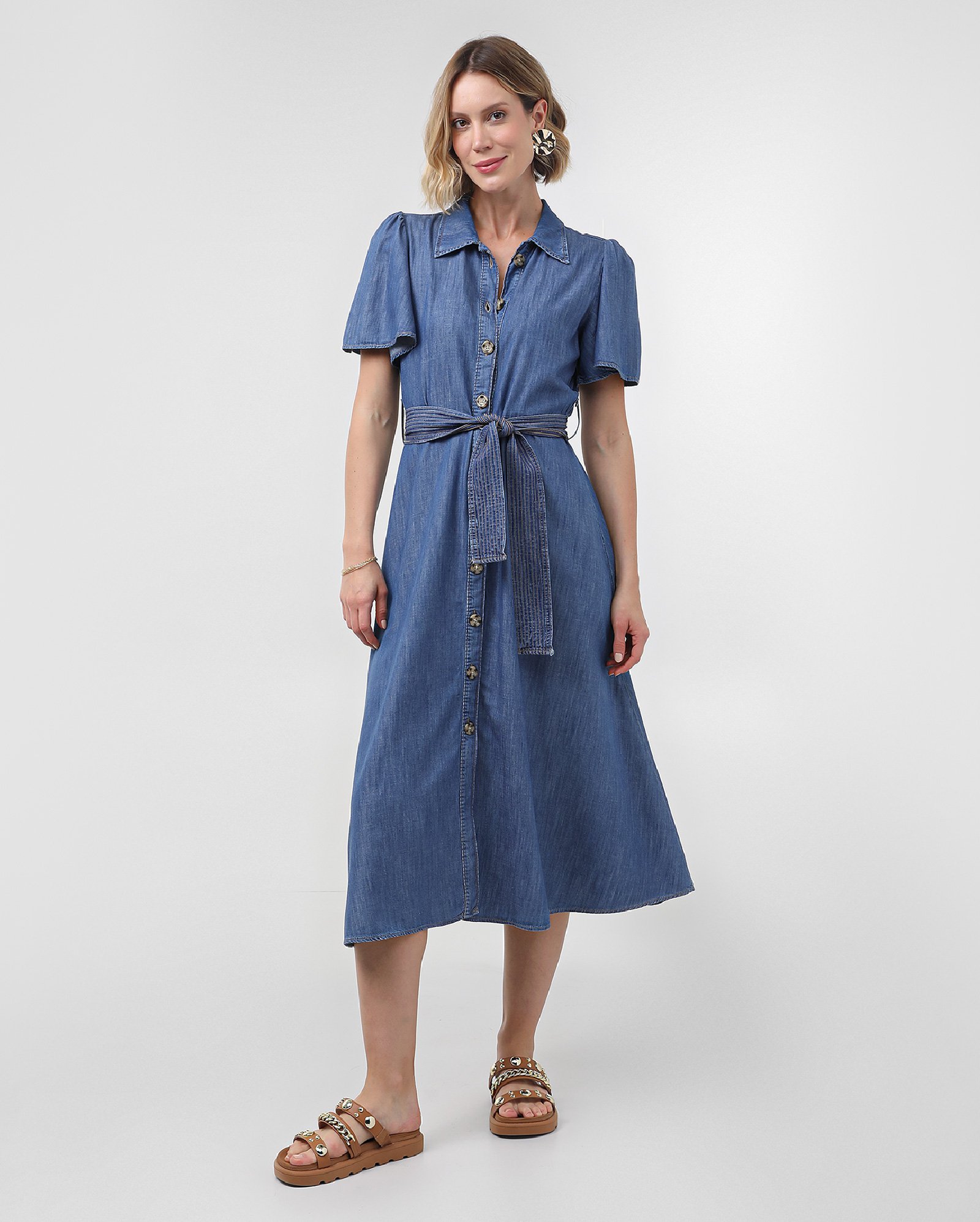 Chemise jeans midi manga curta denim médio