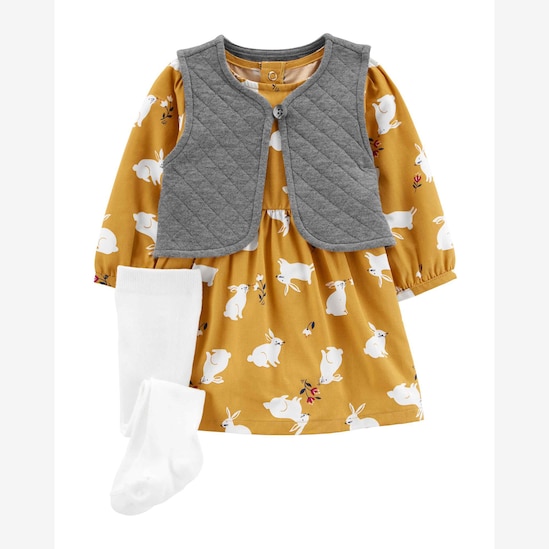 Kit Vestido Bebê Carter's 3 Peças Coelho Amarelo Mostarda/Cinza Mescla Tam RN a 24 Meses